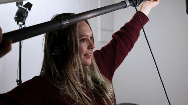 Student on sound Anita with boom pole